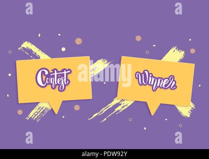 Contest and Winner card with speech bubbles for social media network. Set of handwritten stickers lettering with decoration. Vector illustration. Stock Vector