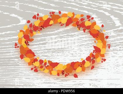 Autumn wreath with leaves and berries on wood texture background. Oval frame for text. Element for season design. Vector illustration. Stock Vector