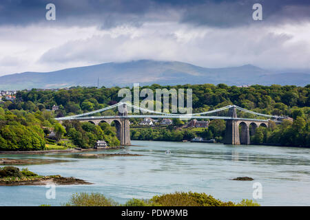 UK, Wales, Anglesey, Menai Straits, Thomas Telford’s Menai Road Bridge Stock Photo