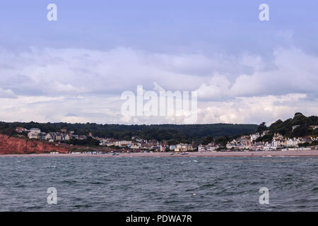 Panoramic view of blue sky over Budleigh Salterton, Devon, from the sea Stock Photo