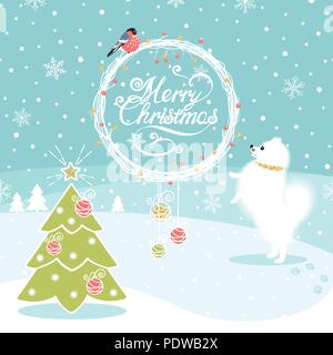 Christmas background with  dog and  bullfinch and Christmas tree Stock Vector