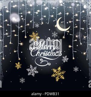 Christmas background with glistening garland and snowflakes on a black background Stock Vector