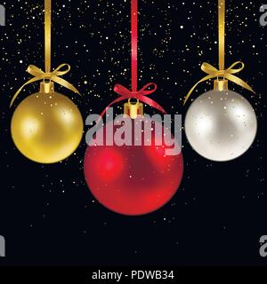 Christmas balls and confetti of gold sparkles on a black background Stock Vector