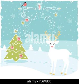 Christmas greeting card with fairy deer and christmas tree Stock Vector