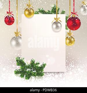 Christmas greeting banner with Christmas balls and a spruce branch on a pearly background Stock Vector