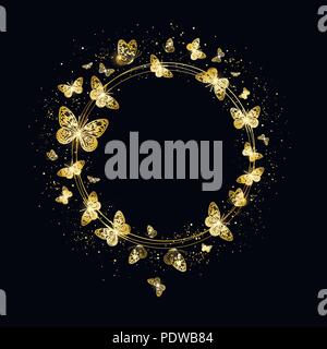 round banner with golden butterflies on a black background Stock Vector