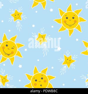 seamless pattern with funny suns and stars on a blue sky background Stock Vector