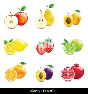 set of bright fruits and their halves on a white background Stock Vector