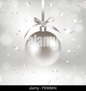 silver christmas ball and falling confetti on a light background Stock Vector