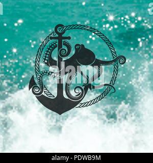 symbol of octopus with an anchor on the background of the sea Stock Vector