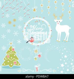 vector set of Christmas decorative elements with a deer, a bullfinch and a Christmas tree Stock Vector