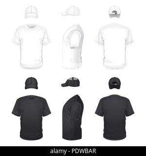 white and black T-shirts and caps on a white background Stock Vector