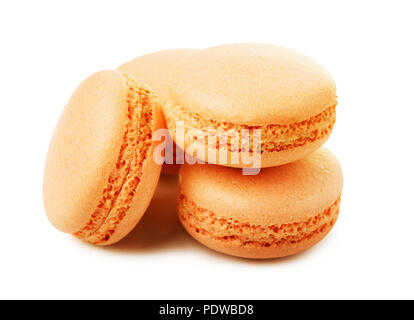 Sweet and orange french macaroons or macaron isolated on white background Stock Photo