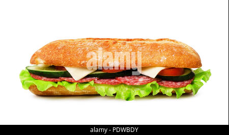 Fresh submarine sandwich with salami, cheese, tomatoes, lettuce and cucumbers isolated on a white background Stock Photo