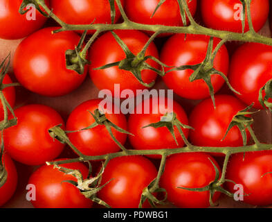 Small red cherry tomatoes on a box in rustic style Stock Photo