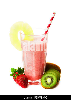 Pink strawberry smoothie in glass with straw and scattered berries, kiwi and a pineapple, pink milkshake, healthy drink isolated on white background Stock Photo