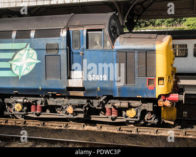 Direct Rail Services class 37 37419 'Carl Haviland' on the Norwich to Lowestoft service August 2018. The train consists of 4 coaches with a class 37 a Stock Photo