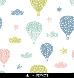 Childish seamless pattern with cute hot air balloon. Creative texture for fabric Stock Vector