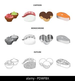 Wasabi sauce and ginger, salmon steak, octopus. Sushi set collection icons in cartoon,outline,monochrome style vector symbol stock illustration . Stock Vector