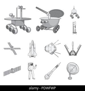 Space technology monochrome icons in set collection for design.Spacecraft and equipment vector symbol stock  illustration. Stock Vector