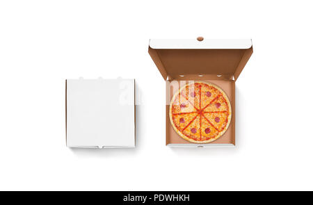 Blank white opened and closed pizza box mockup set, isolated. Carton packaging food box with tasty pizza mockup. Cardboard meal box template, top view. Stock Photo