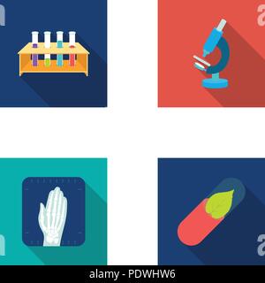 Test tubes on a stand, microscope, x-ray hands, bio-pill. Medicine set collection icons in flat style vector symbol stock illustration . Stock Vector