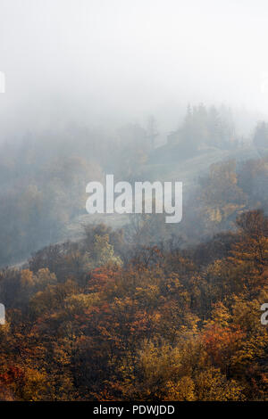 Autumn Cannon Mountain detail with rolling mist, Franconia State Park, New Hampshire, USA. Stock Photo