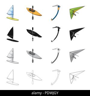 Surfing, kayak with an oar, an ice climber of an alpinist, a sport hang glider. Extreme sport set collection icons in cartoon black monochrome outline Stock Vector