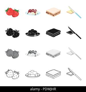 Strawberry, dessert with jam, food sandwich with chocolate, buttering with knife.Fruit and dessert set collection icons in cartoon black monochrome ou Stock Vector