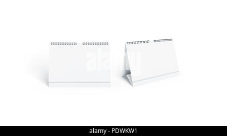 Blank white calendar mock up front and side view set, isolated, 3d rendering. Empty desk calendar mockup with metal spirals. Clear table calender template. Landscape horizontal almanac Stock Photo