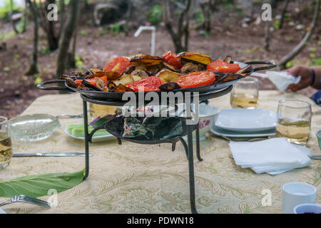 Saj kebap with mushrooms chicken. Outdoor picnic table. Stock Photo