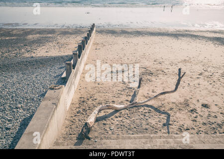Huge drift wood on sandy beach next to  wooden breakwater in Tywyn, Wales Stock Photo