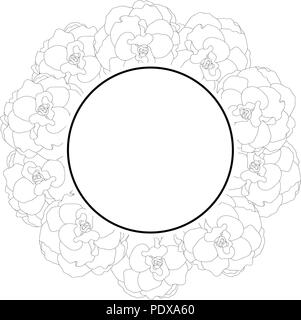 Begonia Flower Outline, Picotee Banner Wreath. Vector Illustration. Stock Vector