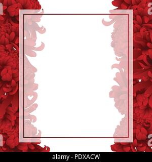 Red Chrysanthemum, Kiku Japanese Flower Banner Card Border. Vector Illustration. Stock Vector