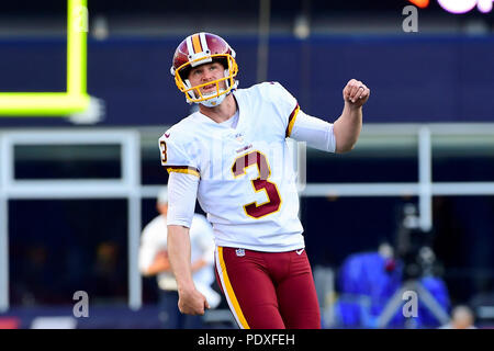 August 9, 2018: Washington Redskins punter Tress Way (5) warms up prior to  the NFL pre-season football game between the Washington Redskins and the  New England Patriots at Gillette Stadium, in Foxborough