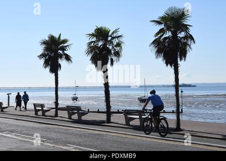 Southend-on-Sea, Essex, UK. 11th August, 2018. UK Weather: A warm start to the day in Southend - a view of people walking and a Man cycling along the sea front Credit: Ben Rector/Alamy Live News Stock Photo