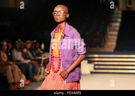 London, UK, 10th Aug 2018. Afternoon catwalk show, models wearing designs from Kachi Blazers (Nigeria), Mercy Azupwah (Ghana), Sista By Eyoro (Nigeria), Sarayaa (Senegal), George Amua (Ghana), Belois Couture (Nigeria), Evelyne Babin (Tanzania), TIKZN (South Africa) Africa Fashion Week presents over 100 designers at Freemason's Hall in Covent Garden. Stock Photo