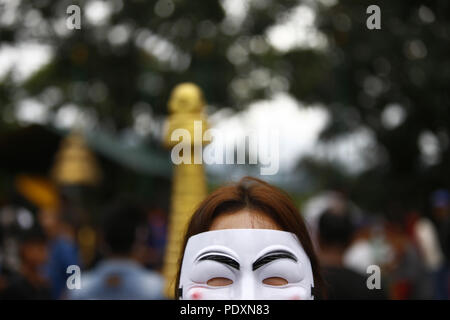 Kathmandu, Nepal. 11th Aug, 2018. An activist wearing a mask takes part in an awareness campaign in opposition to violence against animals at Swayambhunath Stupa premise in Kathmandu, Nepal on Saturday, August 11, 2018. Credit: Skanda Gautam/ZUMA Wire/Alamy Live News Stock Photo