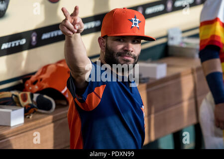 August 10, 2018: Houston Astros second baseman Jose Altuve (27) gestures prior to a Major League Baseball game between the Houston Astros and the Seattle Mariners on 1970s night at Minute Maid Park in Houston, TX. The Mariners won the game 5 to 2.Trask Smith/CSM Stock Photo