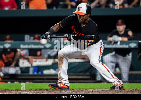 August 10, 2018: Baltimore Orioles center fielder Cedric Mullins (3) makes  his major league debut at bat during the second inning of the MLB game  between the Boston Red Sox and the