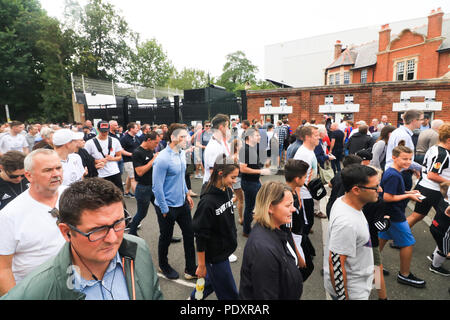 London UK. 11th August 2018. Thousands of Fans arrive at the Craven Cottage stadium in West London on the opening day of the English Premier League match between Fulham'Cottagers and Cyrstal Palace 'Eagles'