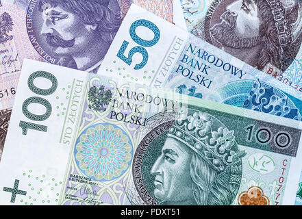 Close up on 100 and 50 Polish zloty banknotes Stock Photo