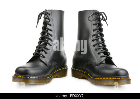 New black boots for army and travel isolated on white background. Stock Photo