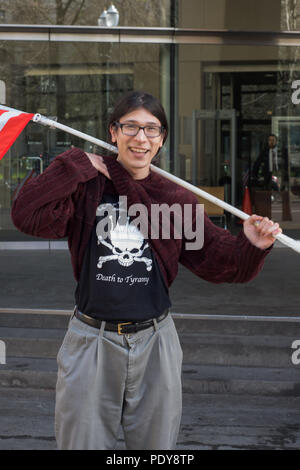 David Fry, acquitted defendant in the first trial of the occupation of the Malheur Wildlife Refuge,protesting the second trial, showing off his shirt Stock Photo