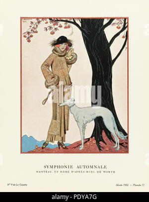Symphonie Automnale. Autumn Symphony. Manteau et Robe d'après-midi, de Worth.  Afternoon coat and dress by Worth. Art-deco fashion illustration by French artist George Barbier, 1882-1932.  The work was created for the Gazette du Bon Ton, a Parisian fashion magazine published between 1912-1915 and 1919-1925. Stock Photo
