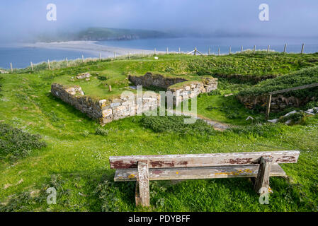 View over 12th-century chapel ruins on St Ninian's Isle and largest tombolo in the UK, Dunrossness, Mainland, Shetland Islands, Scotland, UK Stock Photo