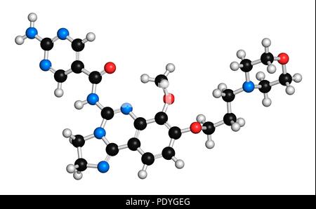 Copanlisib cancer drug molecule (PI3K inhibitor). 3D rendering. Atoms ...