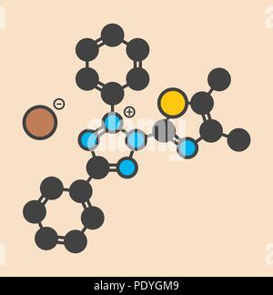 MTT yellow tetrazole dye molecule. Used in MTT assay, used to measure cytotoxicity and cell metabolic activity. Stylized skeletal formula (chemical structure): Atoms are shown as colour-coded circles: hydrogen (hidden), carbon (grey), oxygen (red), nitrogen (blue), sulfur (yellow), bromine (brown). Stock Photo