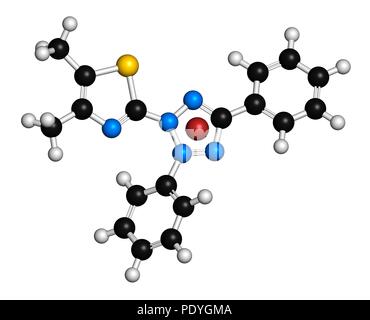 MTT yellow tetrazole dye molecule. Used in MTT assay, used to measure cytotoxicity and cell metabolic activity. 3D rendering. Atoms are represented as spheres with conventional colour-coding: hydrogen (white), carbon (black), oxygen (red), nitrogen (blue), sulfur (yellow), bromine (brown). Stock Photo