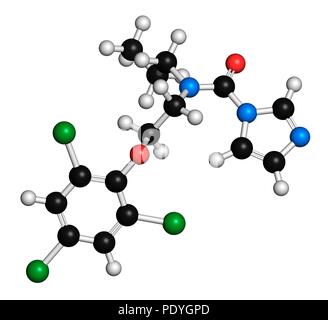 Prochloraz fungicide molecule. 3D rendering. Atoms are represented as spheres with conventional colour-coding: hydrogen (white), carbon (black), oxygen (red), nitrogen (blue), chlorine (green). Stock Photo